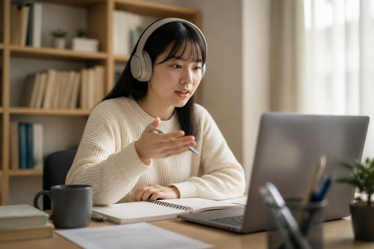 学生在家上在线课程 · A student taking an online lesson at home