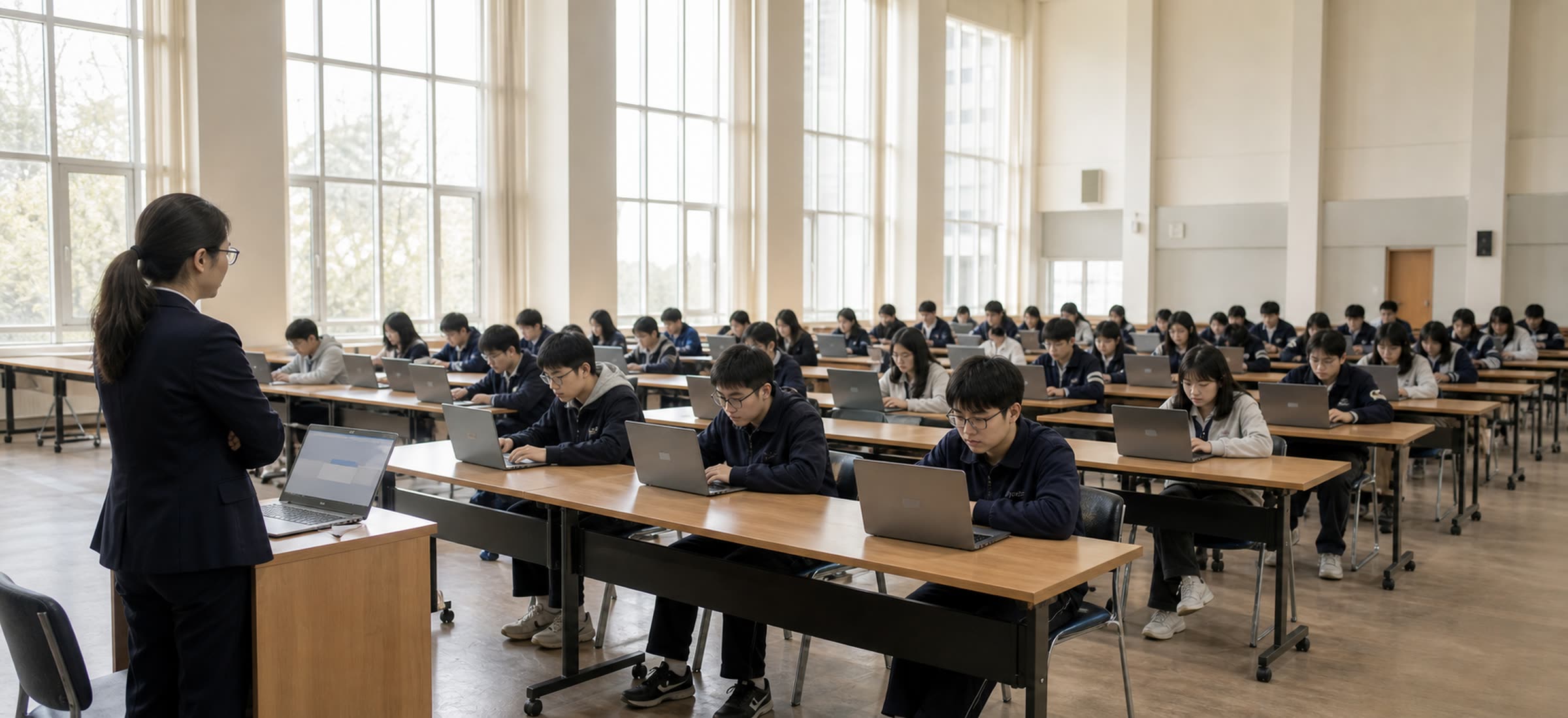 SAT 机考考场 · A digital SAT testing room