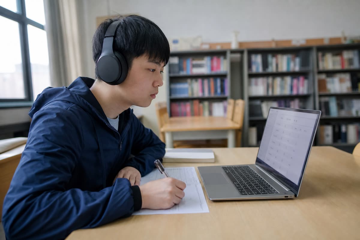 戴耳机做雅思听力的学生 · A student taking an IELTS listening paper in headphones