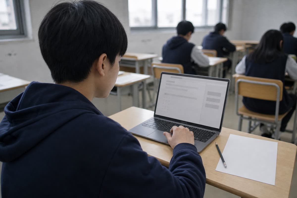 在笔记本电脑上做 SAT 模考的学生 · A student sitting a SAT mock exam on a laptop